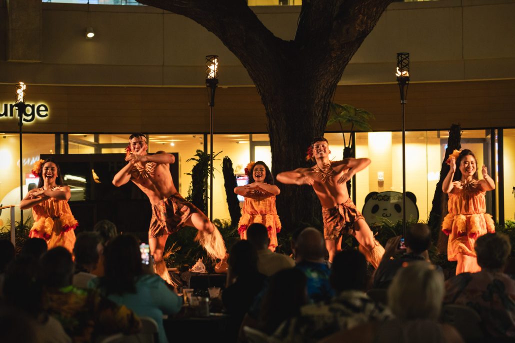Queenswaikikiluau Back Section Luau Dancers Orange Costumes Performance