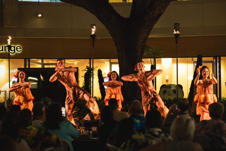 Queenswaikikiluau Back Section Luau Dancers Orange Costumes Performance